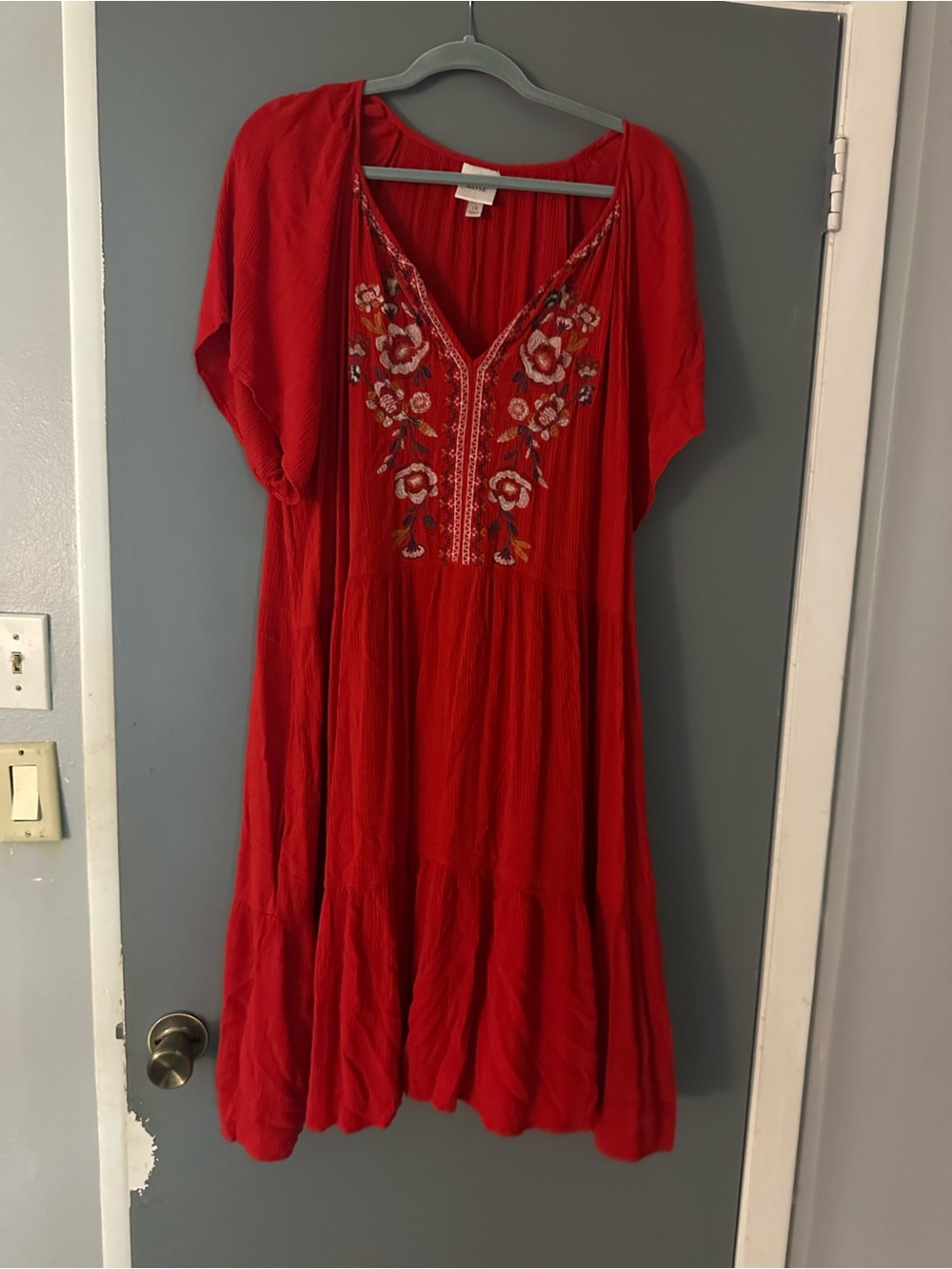 Red Embroidered V-Neck Women’s Dress